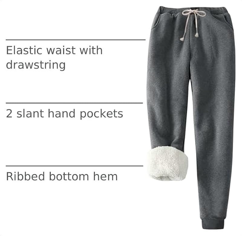 Flygo Womens Winter Fleece Joggers with Pockets - Sherpa Lined Pants, Small Dark Grey