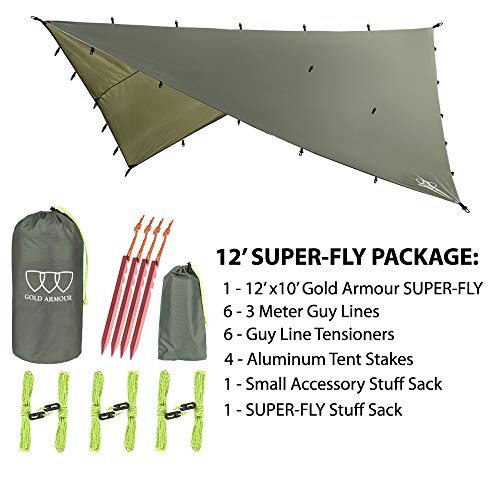 Gold Armour Waterproof Rainfly Tarp for Camping, 12ft x 10ft, Ultralight & Durable Green Shelter
