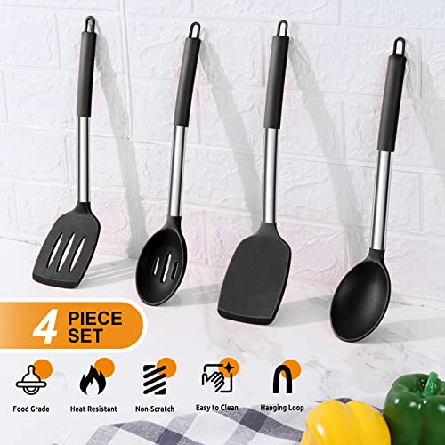 Black Silicone Cooking Utensil Set of 4 - Non-Stick Safe Kitchen Tools