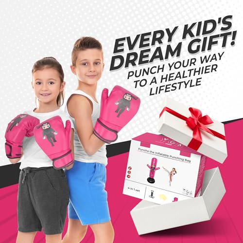 Pink Kids Punching Bag with Boxing Gloves and Pump - Gift Set for Ages 3-12