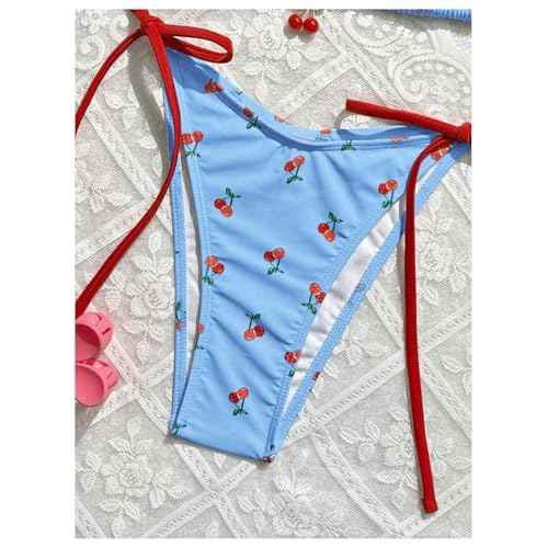 WDIRARA Women's 2 Piece Swimsuit Cherry Print Bikini Set Halter Triangle Bikini Side Tie String Bathing Suits
