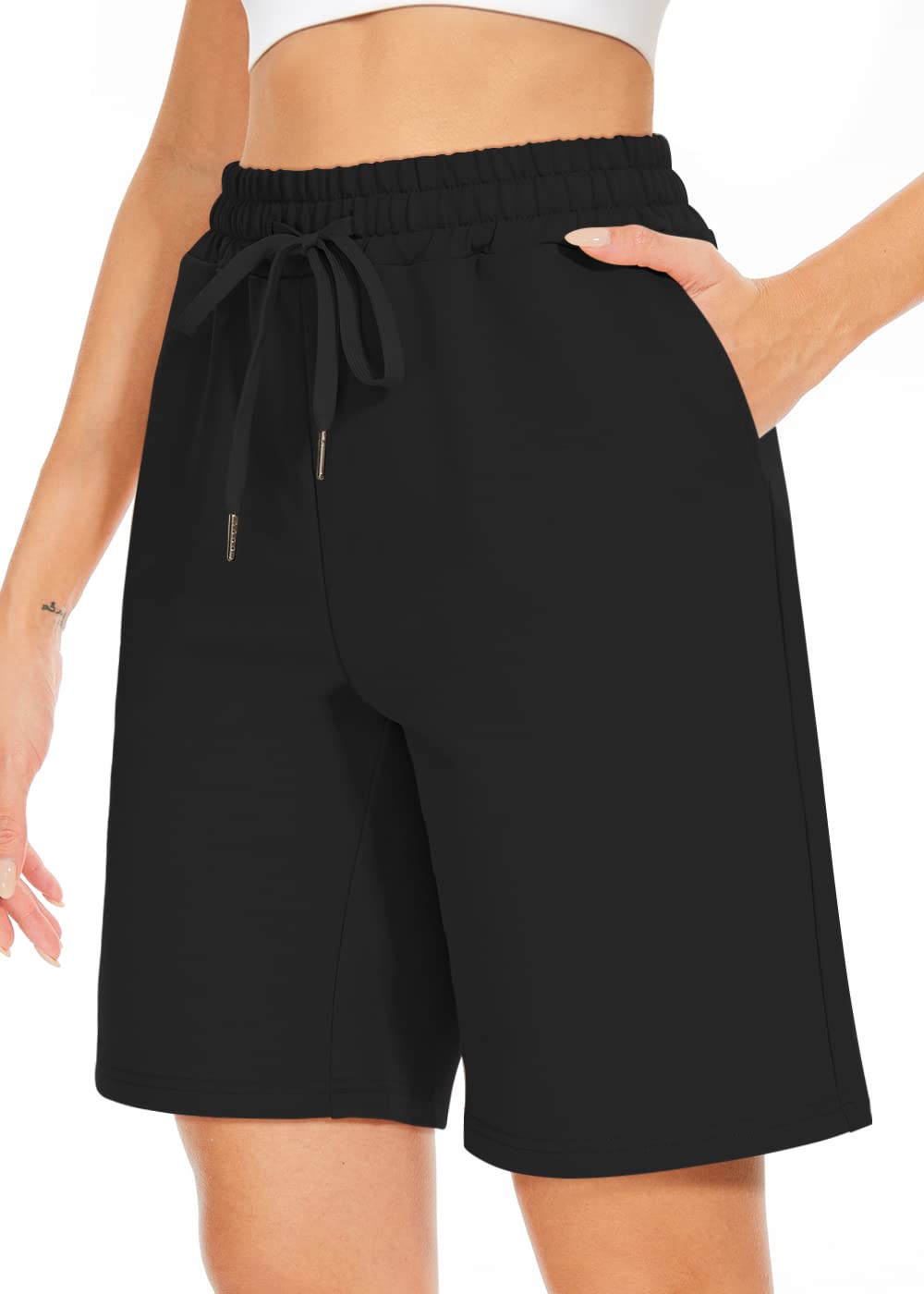 TARSE Women's Bermuda Shorts Summer Long Cotton Drawstring Loose Pocket Knee Length Shorts Yoga Casual Walking Exercise Shorts(Black,M)