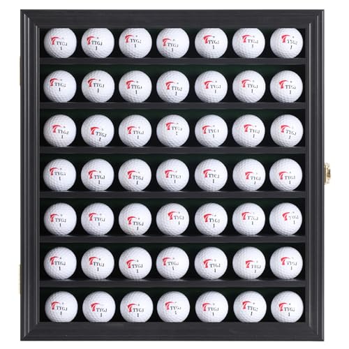 Golf Ball Display Cabinet Wall Mount with Lockable Door & Green Felt Background - Holds 49 Balls