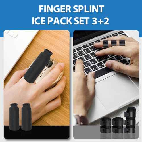 Trigger Finger Splint and Ice Pack Sleeve (3+2 Set) for Pain Relief Injured Fingers Straightening Arthritis joint stabilizer, Fit for Middle Index Ring Pinky Thumb Finger, Right Hand and Left Hand