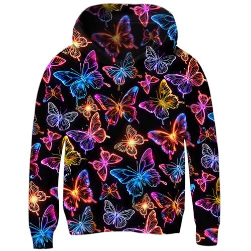 Girls Neon Butterfly Graphic Hoodie, Long Sleeve Hooded Sweatshirt 9-12 Years
