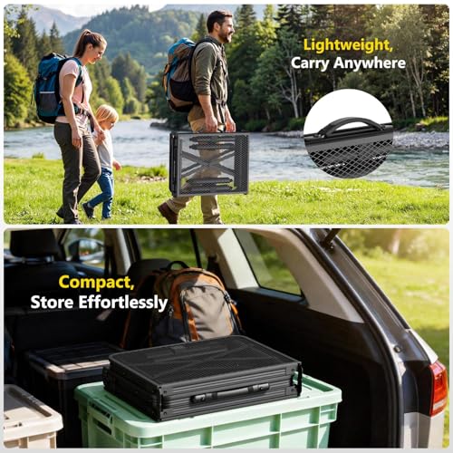 Portable Folding Camping Grill Table - 35x16 Inch, Adjustable Height, Lightweight, Rust-Resistant Outdoor Table, Black