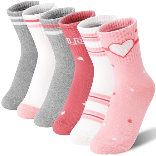 Kids Girls Socks 6 Pairs Athletic Sport Basketball Crew Breathable Cotton White Pink Heart 9-15 Years