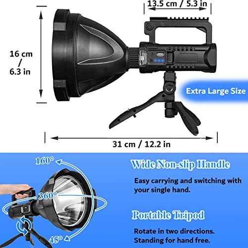 Rechargeable 3,000,000 Lumens Spotlight with 1500M Range, IPX5 Waterproof, Multi-Mode, Tripod