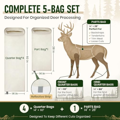 60 Inch Heavy Duty Elk Hunting Meat Bags 5-Pack - Reusable & Breathable Game Bags with Reflective Strip