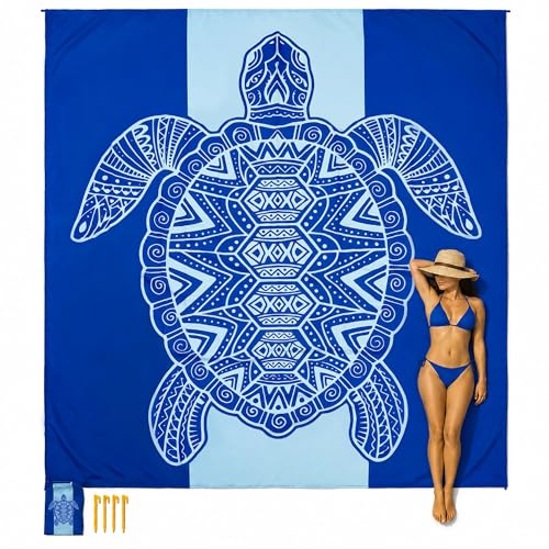 Blue Sea Turtle Beach Blanket Waterproof Sandproof with Stakes & Carry Bag