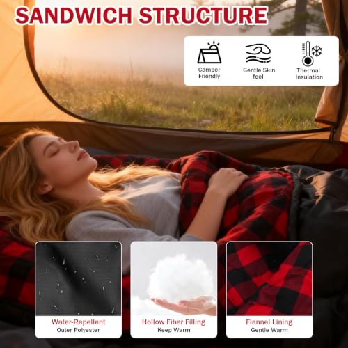 Red Sleeping Bag - 41-59℉ Flannel Camping Sack for Adults, XXL, 3-4 Seasons