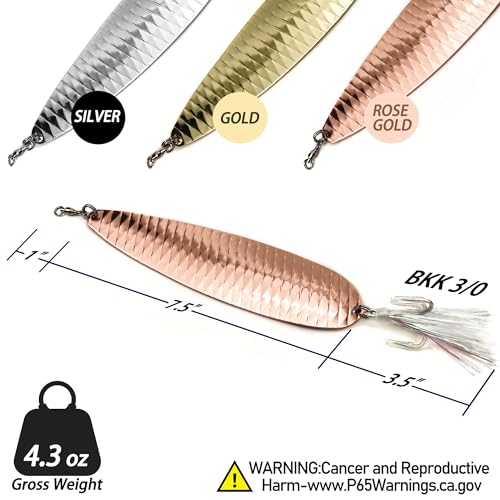 Magnum Flutter Spoons Large Fishing Lures Set - B4 - 7.5 Inch Gold Silver Rose Gold, 3 Pcs