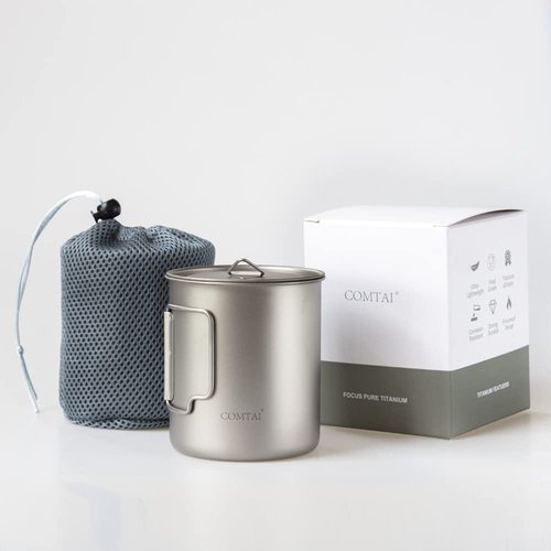 COMTAI Titanium Pot, 750ml/26 oz Mug with Lid and Foldable Handle, Titanium Cup Backpacking Cookware for Outdoor Hiking Camping Cooking