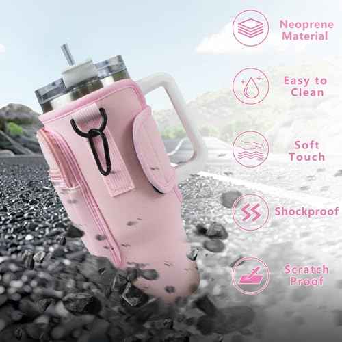 Unique Christmas Birthday Gifts for Women Her Initial Water Bottle Carrier Bag with Phone Pocket for Stanley 40oz Tumbler Stanley Cup Accessories Water Bottle Holder Pouch with Strap Pink A