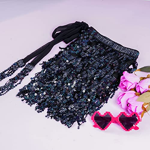 Black Sequin Tassel Hip Scarf for Belly Dance Women - 12 Inches