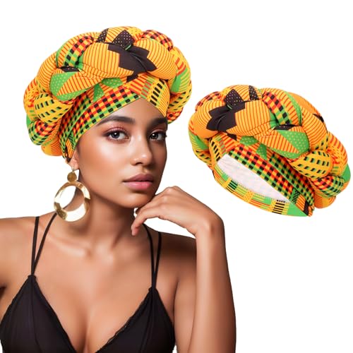 XEPST African Turban Head Wraps Big Braid Cross Turban Hat for Women, Printed Head Wrap Pre-Tied Stretchy Soft Fashion Headwear for Women, Yellow