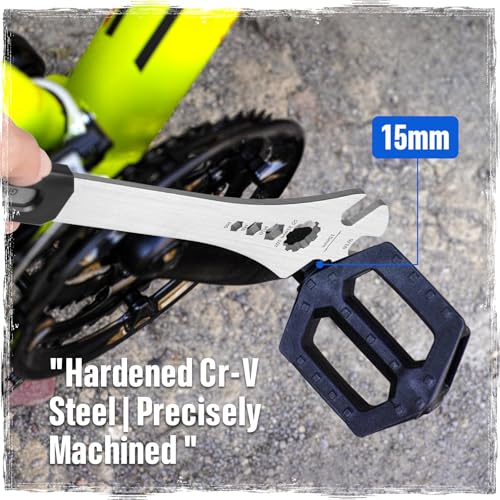 15mm Bike Pedal Wrench - Extra Long 15" Handle with Non-Slip Grip, Durable Chromoly Steel Bicycle Pedal Removal Tool for Road/Mountain/E-Bike Pedal Installation & Repair (Professional Grade)