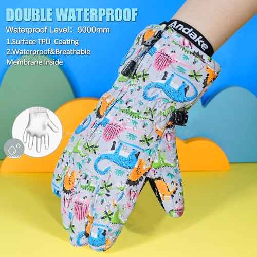 Andake Waterproof &Breathable Kids Snow Gloves, Toddler Winter Warm Ski Gloves for 2-14Y Boys Girls