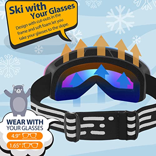 Kids Ski Goggles Rimless Mirrored Lens for Youth Ages 5-14 - Black