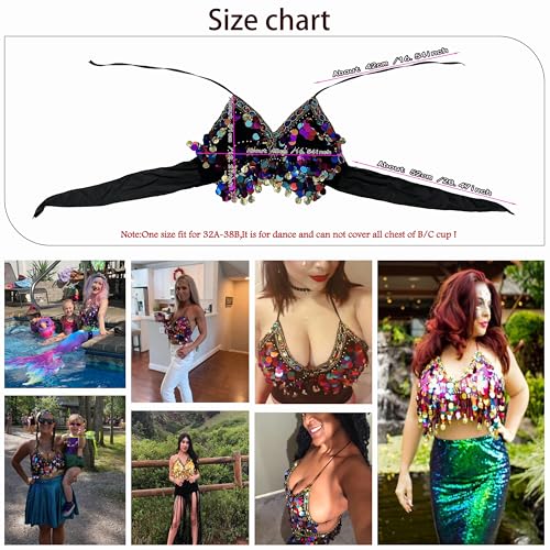 Sequin Halter Bra Top for Belly Dance Festival Boho Clubwear - Black with Colorful Beads