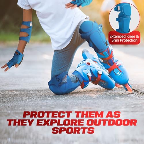 Kids Blue Roller Skates Protective Gear Set with Knee & Elbow Guards, Wrist Gloves, Medium