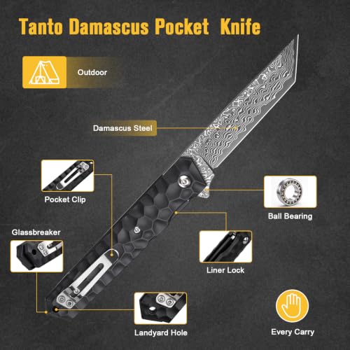 AUBEY Damascus Pocket Knife with Aluminum Alloy Handle C-Handle DMWS1