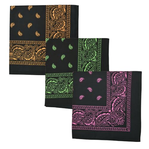 Two Tone Paisley Bandana Set of 3 - Pink Green Orange Mix
