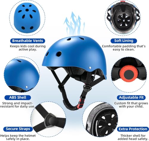 Kids Bike Helmet for Ages 2-8 - Adjustable Safety Helmet with Protective Gear Set - Blue, Small