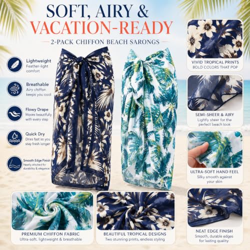 Women Sheer Beach Sarong Wrap - Blue Flowers & Coconut Tree, Long Chiffon Coverup