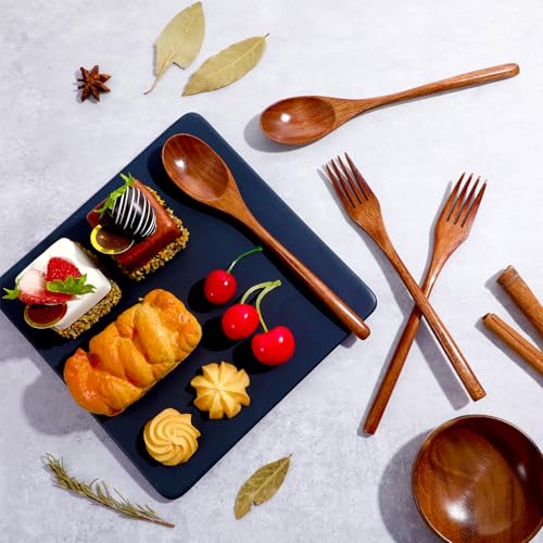 4Pcs Wooden Spoons and Forks for Eating Utensil Set, Korean Wooden Spoon Fork Cutlery Set Reusable Kitchen Wood Dinner Flatware Tableware for Travel and Camping
