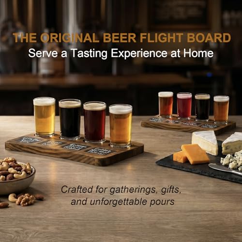 Brown Wood Beer Flight Set with 4 Glasses and Chalkboard Labels - 2 Pack
