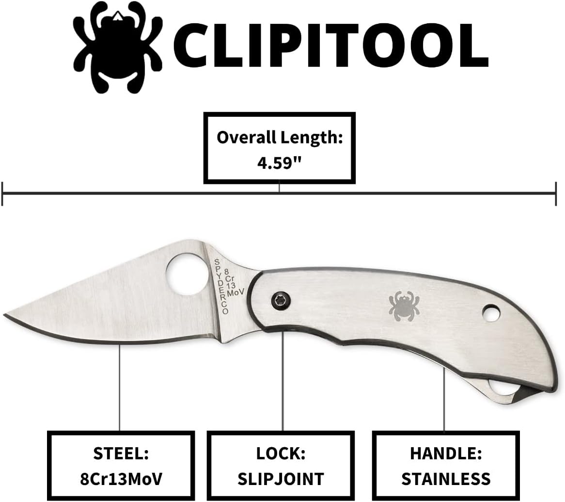 Spyderco ClipiTool Multi-Functional Stainless Steel Utility Pocket Knife with 2" Steel Blade and Screwdriver/Bottle Opener - PlainEdge - C175P
