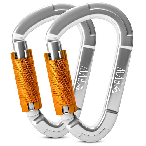 Auto Locking Rock Climbing Carabiner Clips - Silver 2 Pack Heavy Duty 25KN 5620 lbs