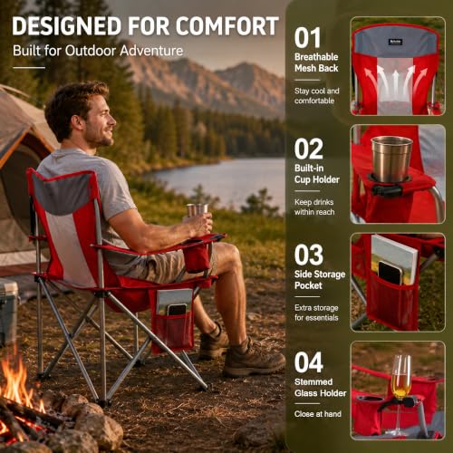 Byliable Oversized Folding Camping Chair with 330LBS Capacity - Red, Mesh Backrest
