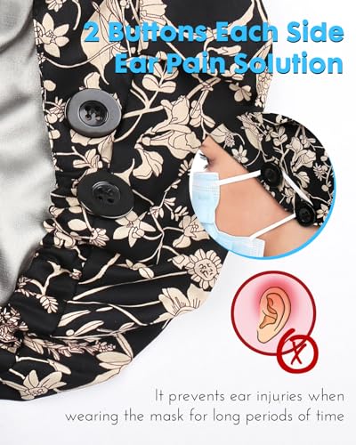 Fall Satin Lined Bouffant Scrub Nurse Cap with 4 Buttons and Sweatband - Adjustable
