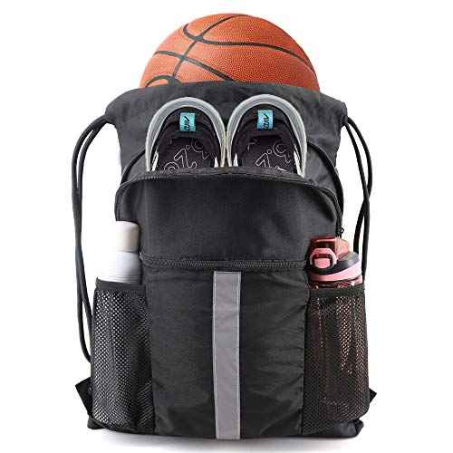 BeeGreen Drawstring Backpack Bag with Shoe Compartment, X-Large Black Gym Sports String Cinch Backpack