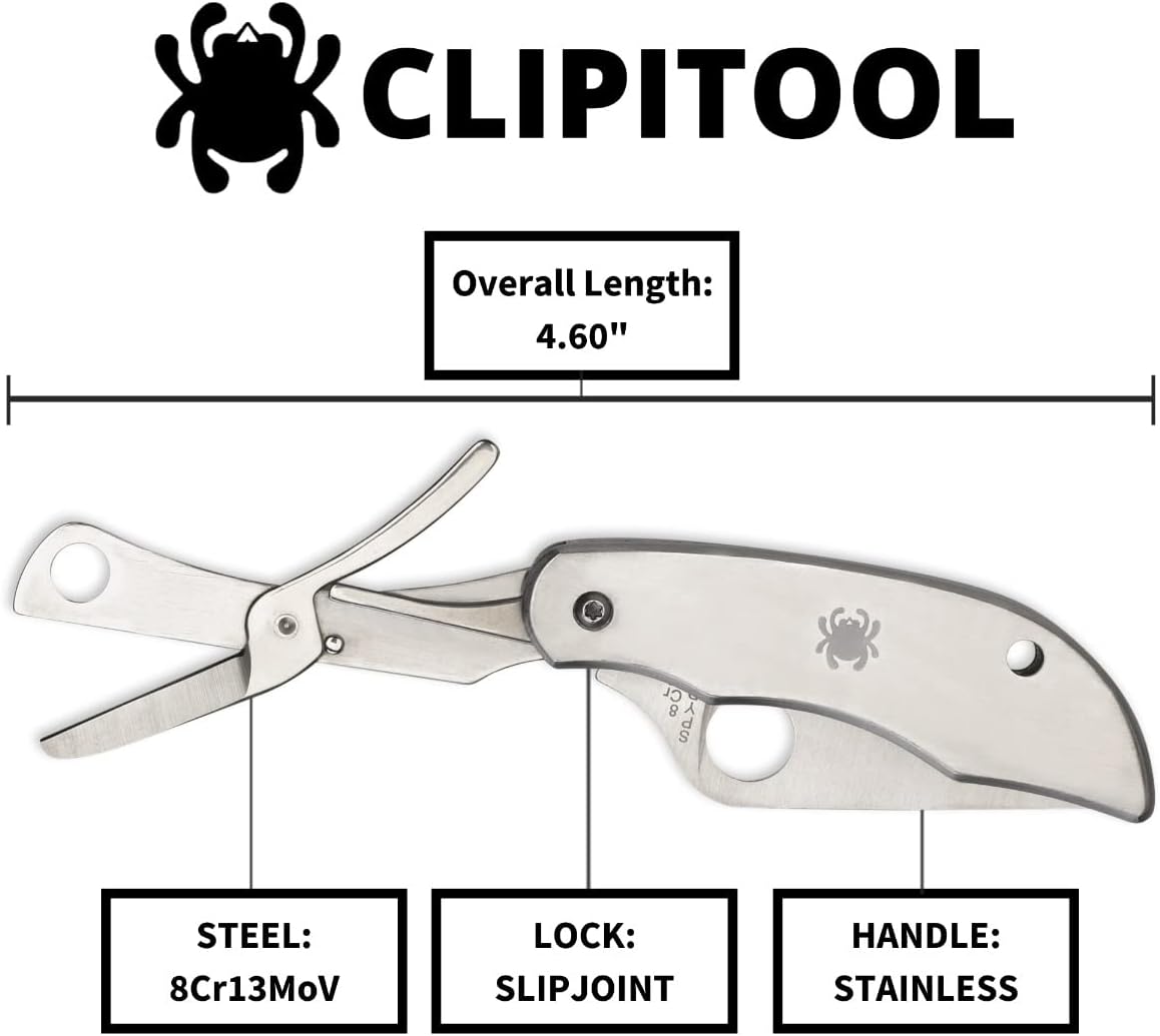 Spyderco ClipiTool Multi-Functional Stainless Steel Utility Pocket Knife with 2" Steel Blade and Screwdriver/Bottle Opener - PlainEdge - C175P