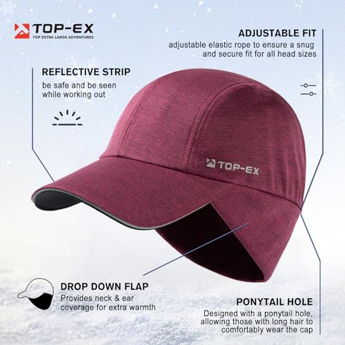 TOP-EX M/L/XL Unisex Water-Repellent Baseball Cap with Ear Flap Ponytail Hole Reflective Winter Hat Fleece Lining Hat
