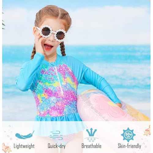 RAISEVERN 1-7 Years Girls Rashguard Swimsuit Long Sleeve One Piece Zipper Bathing Suits with Ruffle Butt