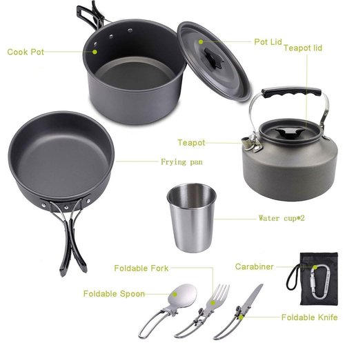 BIUMALL Camping Cookware Set Lightweight Portable Pot Pan Kettle Cups Spoon Fork Cutter with Carry Bag for Camping, Backpacking, Outdoor Cooking and Picnic