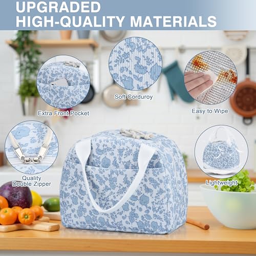 Insulated Corduroy Lunch Bag with Floral Pattern - Reusable Large Capacity Cooler Tote for Women