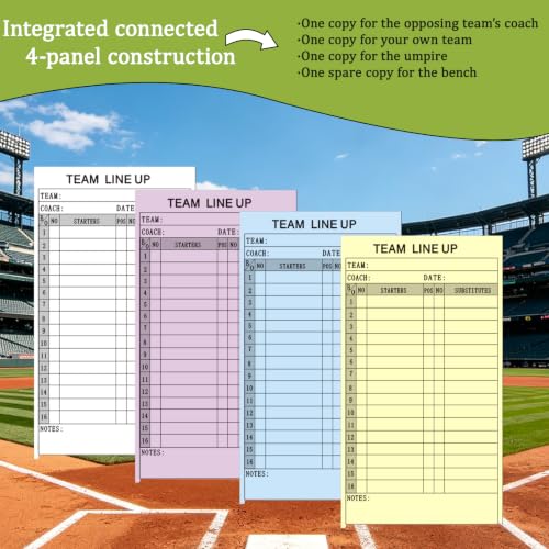 VOKTXLG Baseball Lineup Cards 30 Sets for Softball & Baseball, 4-Part Carbonless, 16 Player Roster, Tearable, Compact Game Record Book
