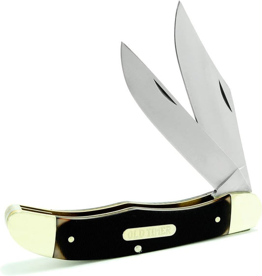 Schrade Old Timer 25OT Folding Hunter 9.3in Traditional Pocket Knife with 2 High Carbon SS Blades, Ergonomic Handle, and Leather Belt Sheath for EDC, Camping, Whittling, and Outdoors, One Size, Brown