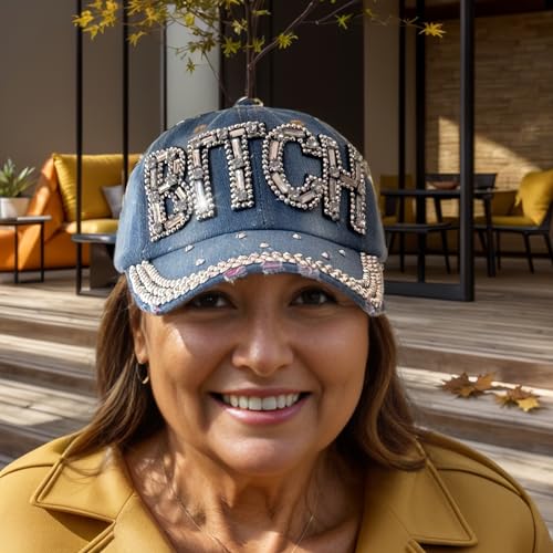 Popfizzy Bling Hat for Women, Rhinestone Baseball Cap, Bedazzled Distressed Denim Hat, Fun Birthday Gifts for Women and Girls