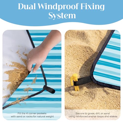 OIGAE Waterproof Sandproof Beach Blanket 7x7 ft Blue Wave Stripes - Oversized Family Mat