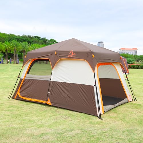 KTT Instant Tent 6 Person(B),Large Family Cabin Tents,Automatic Tent Build Quickly in 60S,2 Rooms,2 Top Windows,3 Doors and 3 Windows with Mesh,Waterproof,Big Tents for Outdoor,Picnic,Camping(Brown)