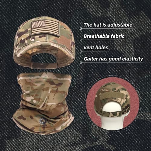 Camo Hat Baseball Cap Camo Face Mask Neck Gaiter with American Flag Patch for Men/Women Outdoors Tactical Military