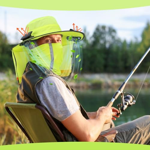 Fan Hat with 2 USB Fans Wide Brim Neck Flap - Yellow