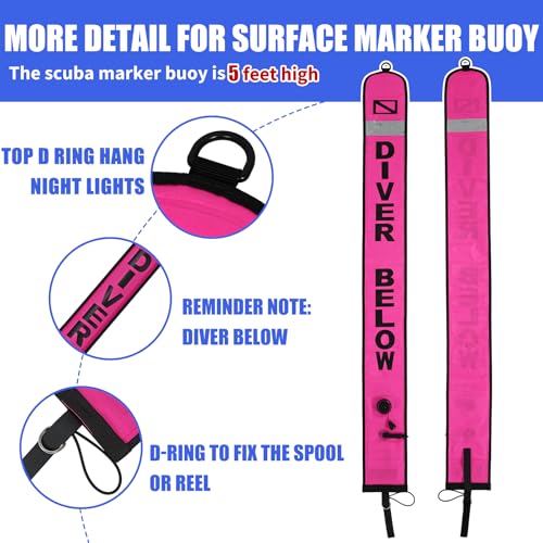 Pink 5ft Surface Marker Buoy Set with Reflective Strip and 100ft Reel for Diving