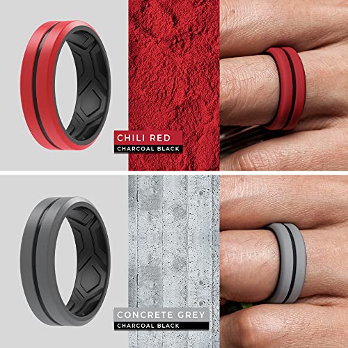 ThunderFit Silicone Wedding Rings for Men - 2 Layers Beveled Breathable 8.2mm Wide 2.5mm Thick - Pack Charcoal Black & Red / Charcoal Black & Grey